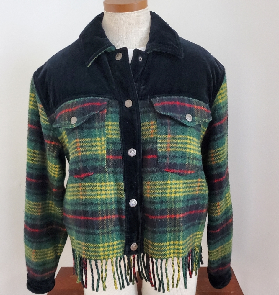 Vintage Moschino Plaid Tartan Fringe Wool Jacket